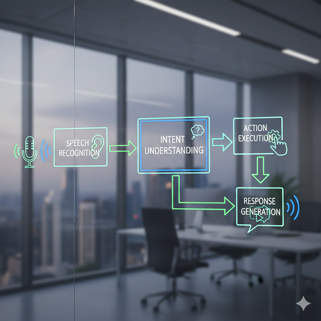 Diagrama de blocos do pipeline do assistente de voz: da fala à ação