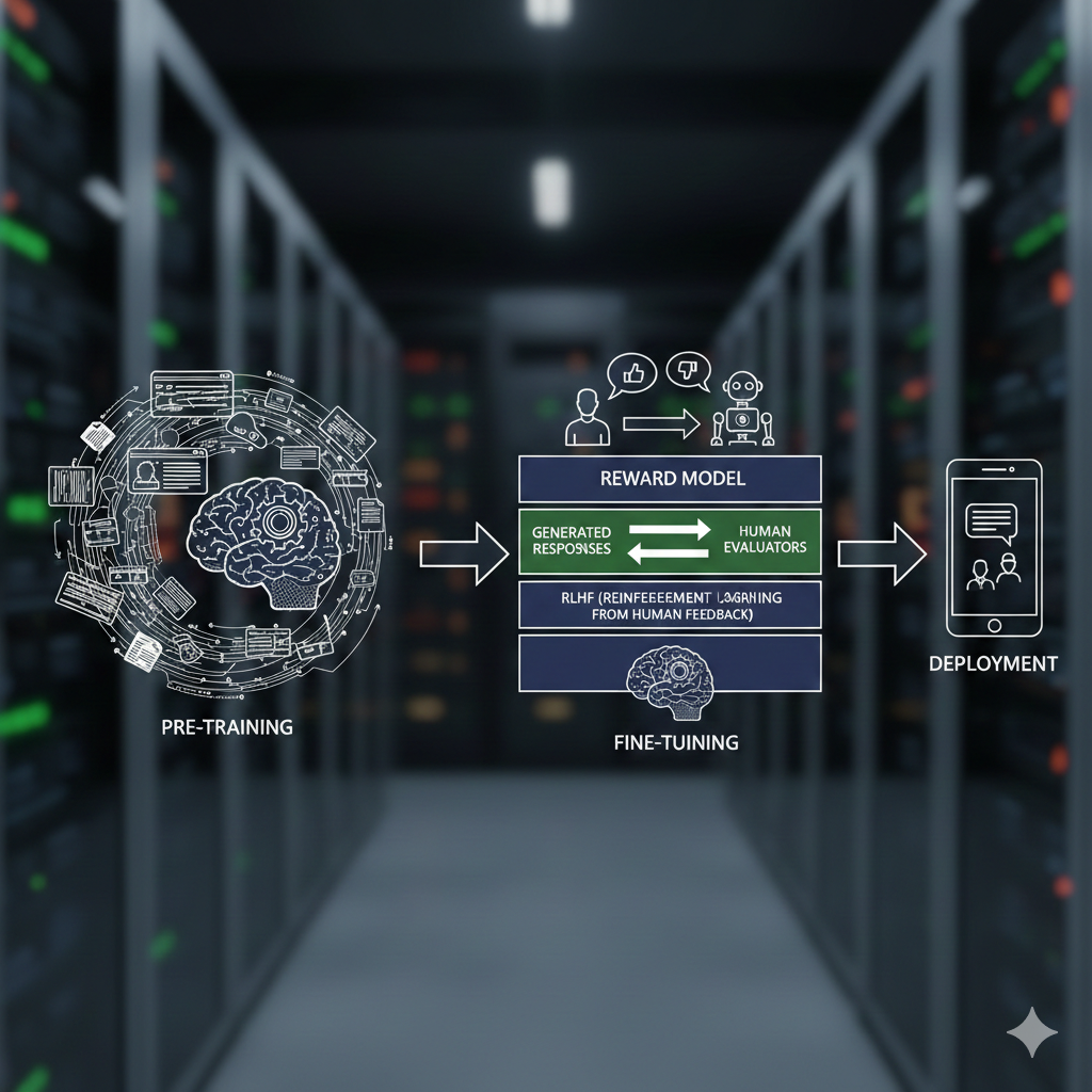 Diagrama do pipeline de treinamento de LLM: do pré-treinamento ao ajuste fino com RLHF