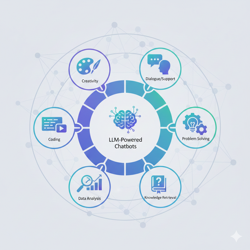 Infográfico: várias aplicações de chatbots baseados em LLM - criatividade, código, análise, diálogo