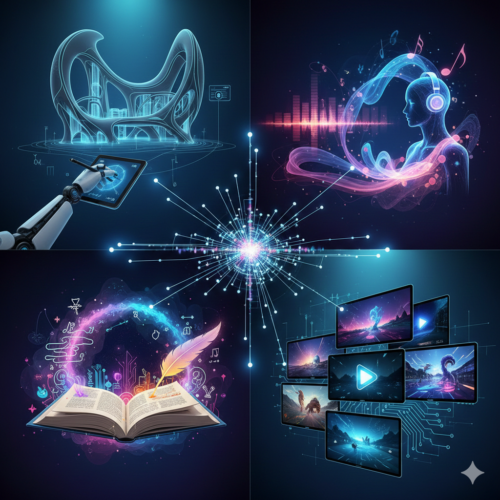 Colagem de exemplos de uso da IA generativa: design, música, texto, vídeo