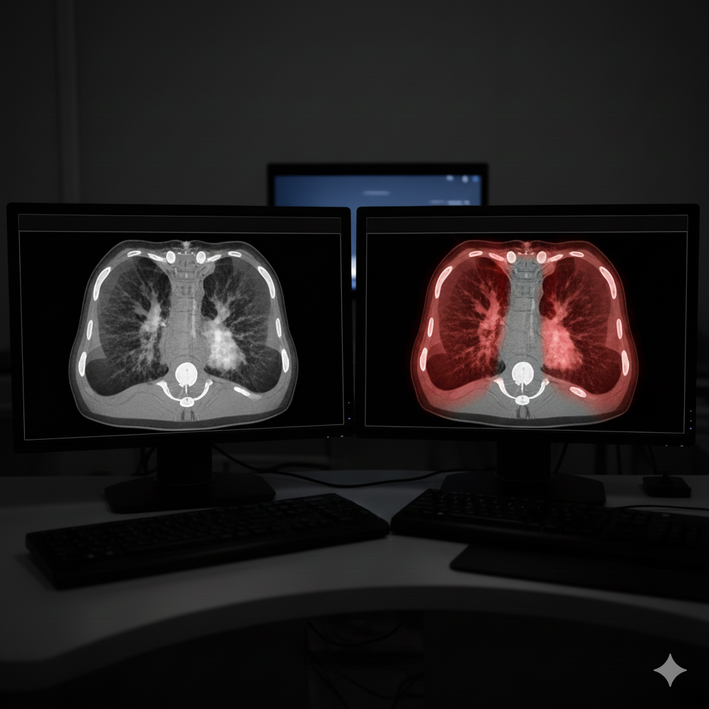 Comparação da visualização de TC pulmonar: original e área de patologia destacada pela IA