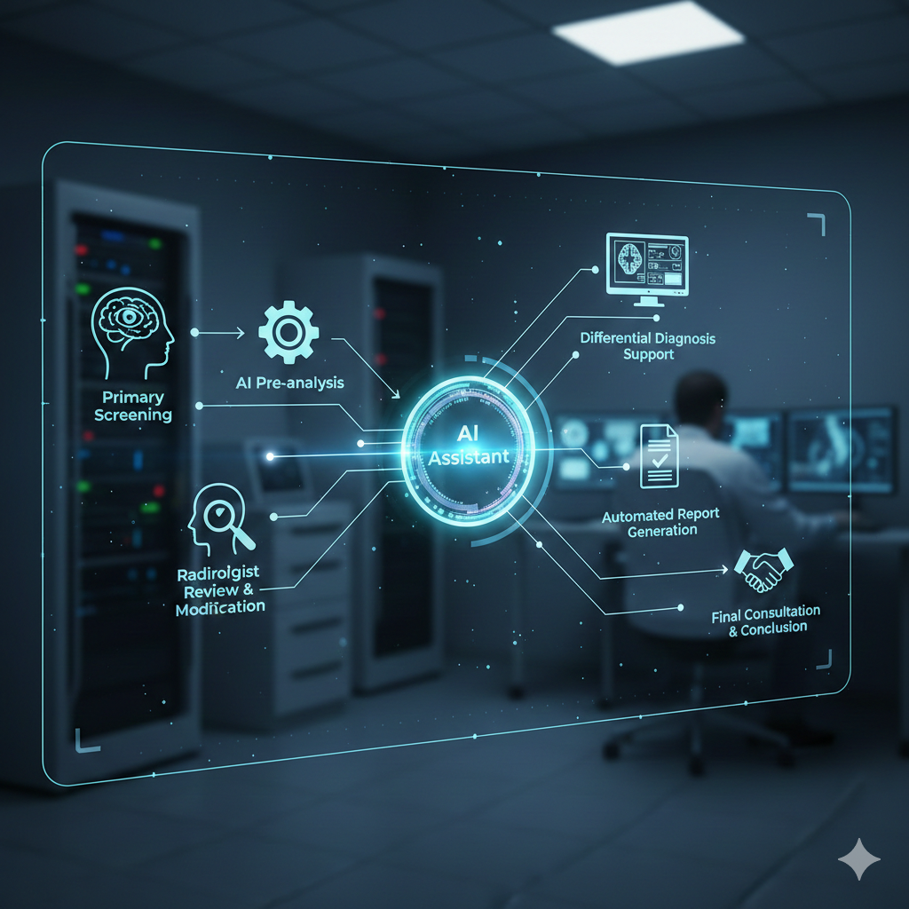 Diagrama do fluxo de trabalho do radiologista com integração do assistente de IA