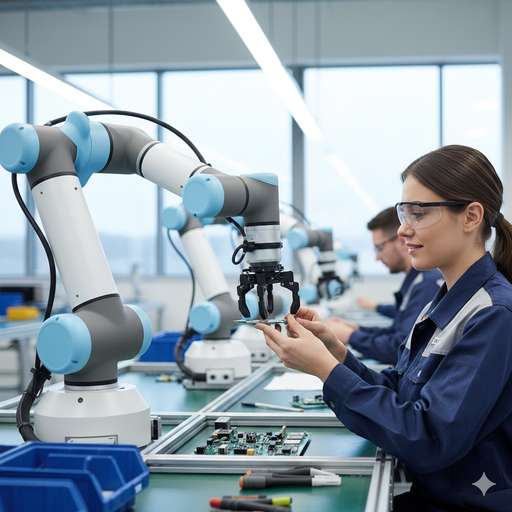 Cobot trabalhando em conjunto com humano em linha de montagem