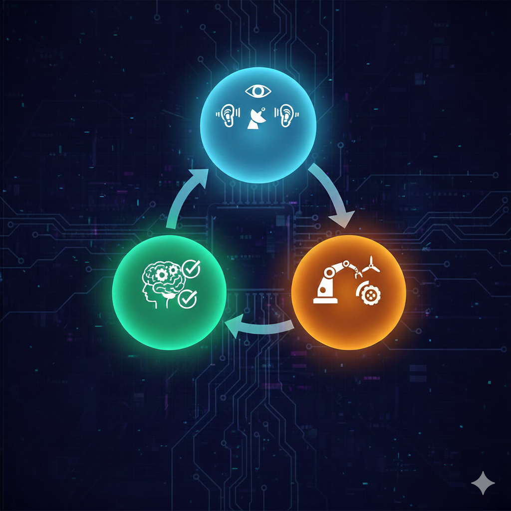Diagrama da tríade do sistema autônomo: Percepção, Decisão, Ação