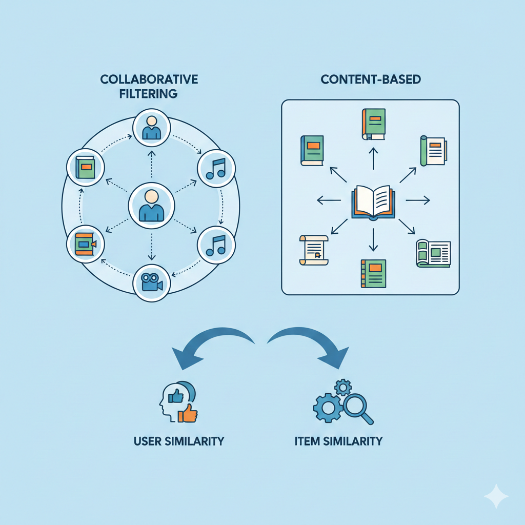 Comparação esquemática das recomendações Collaborative Filtering e Content-Based