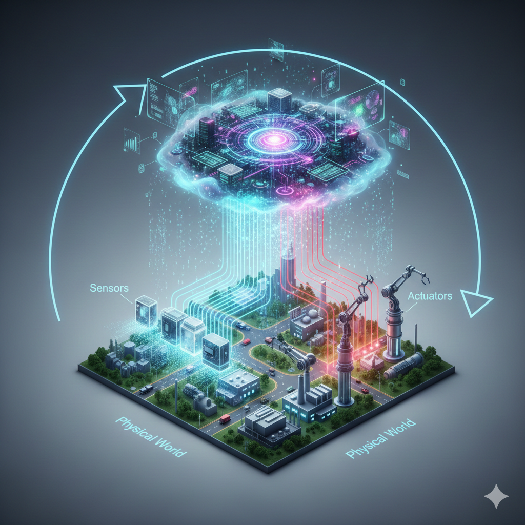 Diagrama do ciclo fechado do sistema ciberfísico: mundo físico, sensores, ciberespaço, atuadores