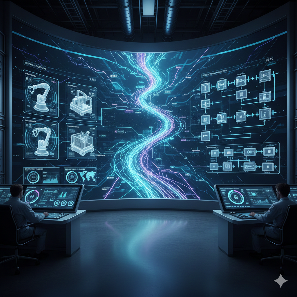Painel de controle digital de fábrica inteligente com visualização de fluxos de dados