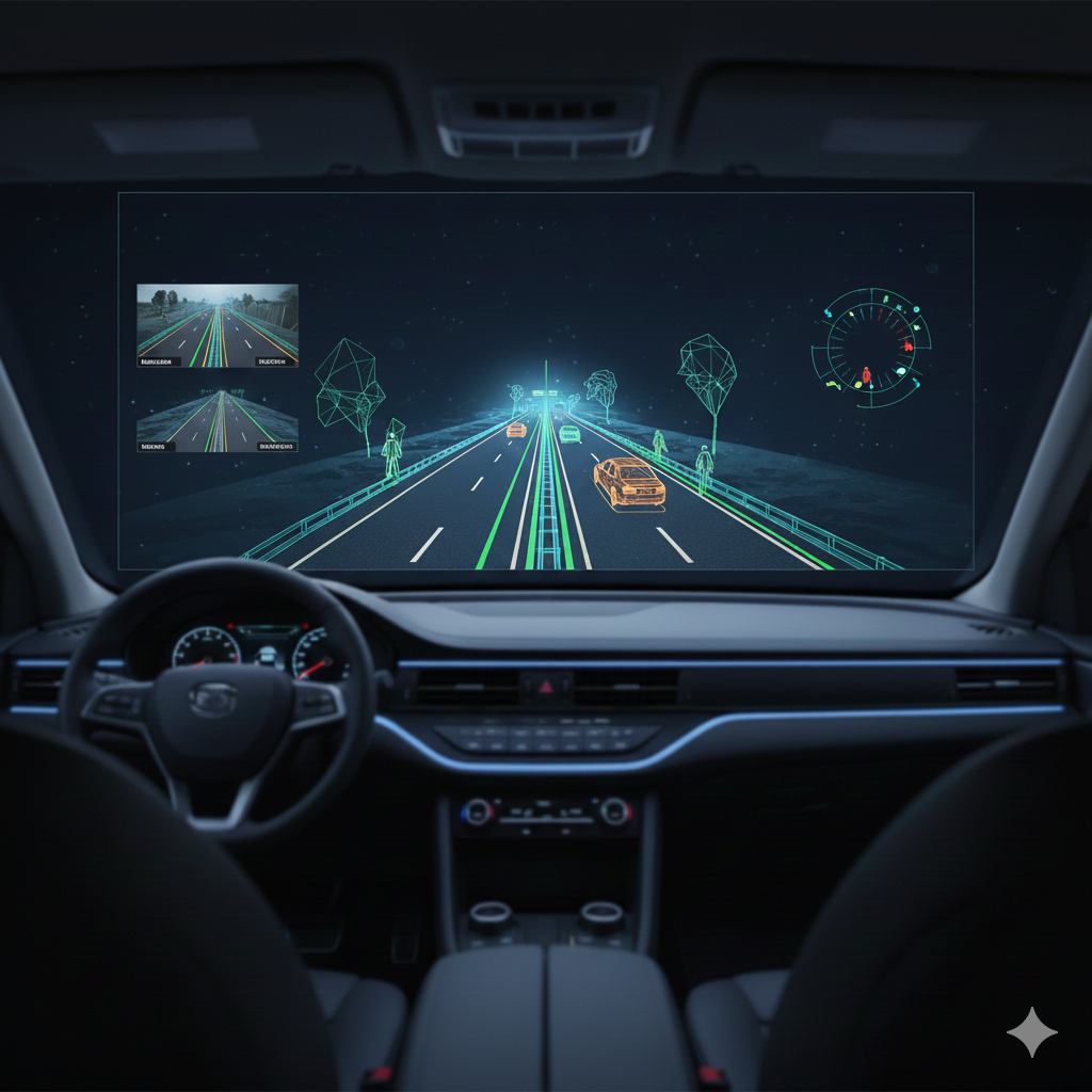 Visualização de dados de câmeras, lidar e radar na tela de um veículo autônomo